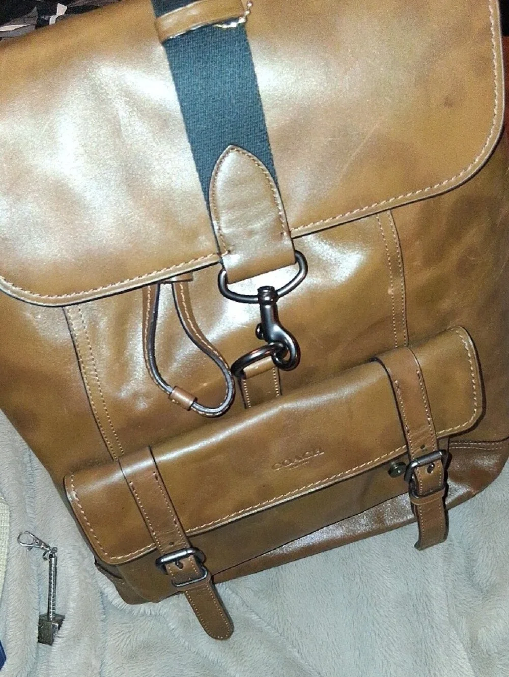 Coach Brown Leather Men's Backpack with Buckle Front Pocket and Hook Closure